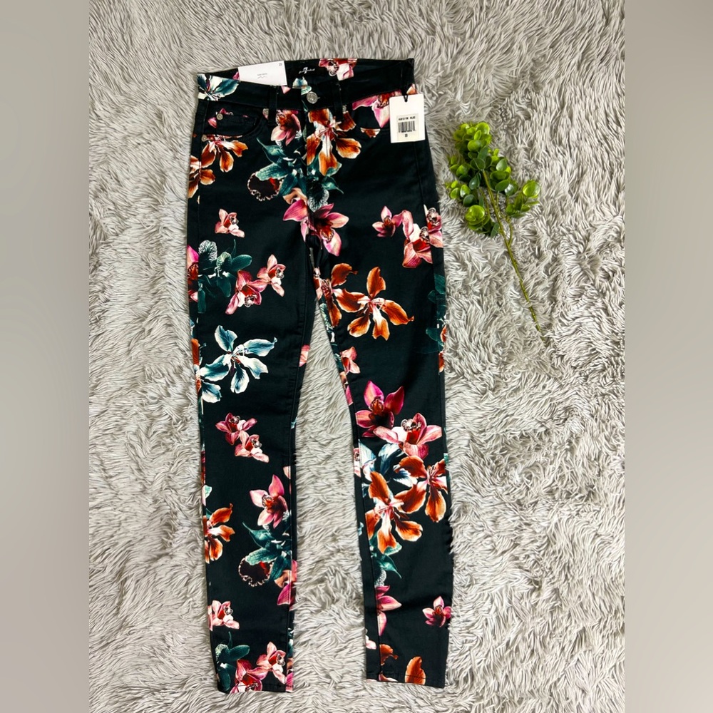 NWT 7FAM black floral ankle skinny jeans size 23